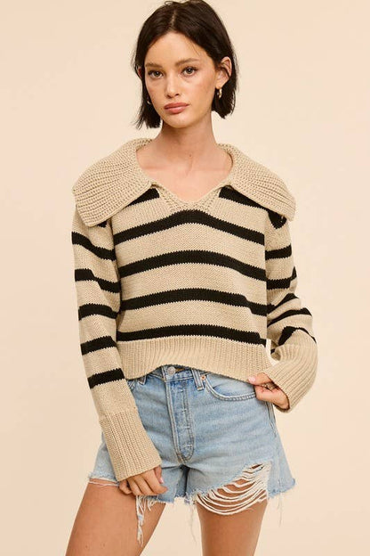 Harbor Collar Stripe Wool Blend Knit Sweater Top