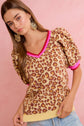 LEOPARD PATTERN PUFF SLEEVE V-NECK SWEATER TOP