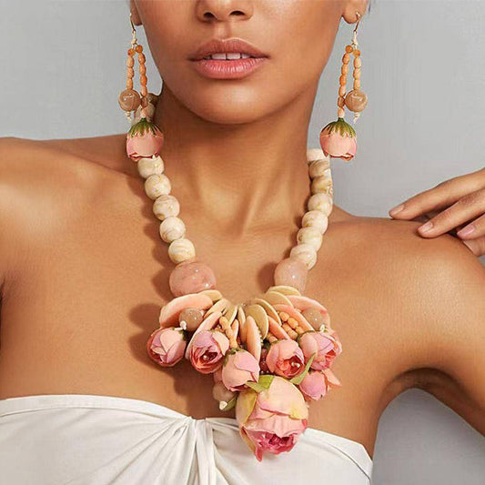 Bold Blush Floral Embellished Chunky Beaded Statement Necklace